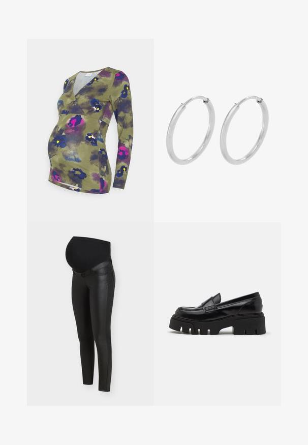 MAMALICIOUS MLANDREA TESS - Longsleeve - winter moss; Zwarte zwangerschapsleggings met voorpanelen van kunstleer en rekbare stof over de buik voor comfort en ondersteuning tijdens de zwangerschap.; Zwarte leren loafers met een chunky, gestructureerde platformzool en een decoratieve strap over de bovenkant. Gladde, glanzende afwerking.; Zilveren hoepeloorbellen, cirkelvormig, met een gladde glanzende textuur en een constante breedte. Minimalistisch ontwerp zonder extra accenten.
