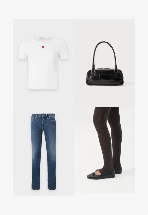Hvid, ribstrikket t-shirt med korte ærmer og et lille rødt hjerte broderet på midten af brystet under halsudskæringen.; Mørkeblå denim jeans med lige ben, mid-rise talje, forlommer og klassisk syning. Har en metalknap og lynlåslukning.; Ben iført mørke ribbede leggings kombineret med sorte balletsko med små sløjfedetaljer på hvid baggrund.; Sort læderhåndtaske med rektangulær form, der har et enkelt struktureret håndtag, sølvhardware og lynlås-lukning. Glat tekstur.