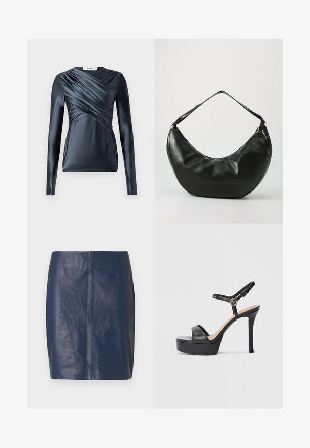 Haut à manches longues en satin bleu marine foncé avec des détails froncés à l'avant et une texture lisse, mettant en valeur un col rond et une silhouette ajustée.; Mini-jupe en cuir bleu marine avec une texture lisse, une coupe droite et des détails de couture minimalistes sur les côtés.; Sandales à plateforme noires avec un talon haut stilettos, dotées d'une tige en cuir lisse, d'un bout ouvert et d'une bride de cheville ajustable avec ferrures.; Sac à épaule en cuir noir, de forme courbée, avec une texture douce et une seule sangle; il comporte une fermeture éclair dorée et un logo discret.