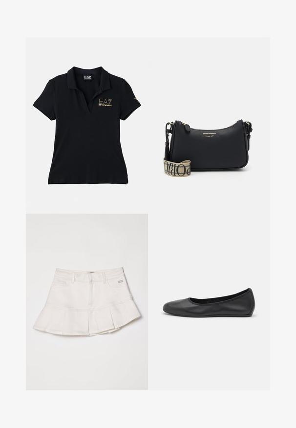 Zwarte polo shirt van katoen met een klassieke kraag. Bevat een gouden logo op de borst en een subtiele merkembleem op de mouw.; Witte denimrok met een aansluitende taille en een uitlopende plooienzoom. Inclusief zijzakken en een klein logo op de tailleband.; Zwarte leren ballerina met een ronde neus, gladde textuur, minimale stikdetails en een flexibele zoolontwerp.; Zwarte gestructureerde leren handtas met een gebogen vorm, gouden hardware en een afneembare beige schouderband met zwarte letters.