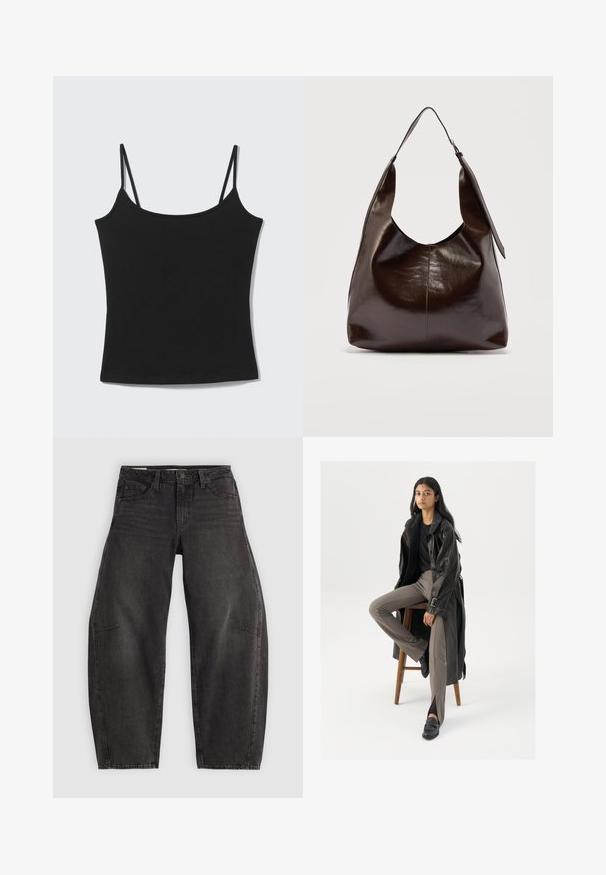 Sort ærmeløs cropped tanktop med tynde skulderstropper og en lige halsudskæring på en lysegrå baggrund.; Sorte denim jeans med en afslappet pasform, der har fem lommer, knaplukning og subtil fading. Stoffet har en glat, robust tekstur.; Sort læder trench coat med knapper og bælte detalje, parret med lysebrune tætsiddende bukser og sorte loafers, siddende på en træstol.; Mørkebrunt, skinnende læder skuldertaske med en enkelt bred rem og spændedetalje på den ene side, sat mod en ensartet lys baggrund.