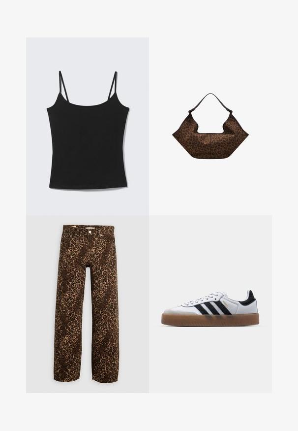 Top corto negro sin mangas con tirantes delgados y escote recto sobre fondo gris claro.; Jeans de pierna ancha con estampado de leopardo en marrón y beige. Fabricados en mezclilla, con un diseño clásico de cinco bolsillos y acentos de hardware metálico.; Zapatillas de cuero blancas con rayas negras, suela de goma, puntera redonda, cierre de cordones y caperuza de ante gris suave.; La bolsa de estampado de leopardo presenta un suave tejido marrón con un diseño estructurado y angular, y un solo asa superior que resalta los bordes definidos.