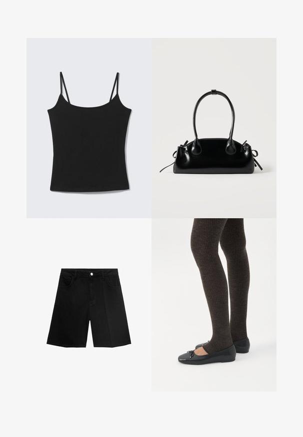 Sort ærmeløs cropped tanktop med tynde skulderstropper og en lige halsudskæring på en lysegrå baggrund.; Sorte denim shorts med lige snit, fem lommer og sølvfarvet knaplukning. Glat tekstur med minimal syning.; Ben iført mørke ribbede leggings kombineret med sorte balletsko med små sløjfedetaljer på hvid baggrund.; Lille sort blank håndtaske med to lange håndtag og snøre-detaljer i siden på en ensfarvet lys baggrund.