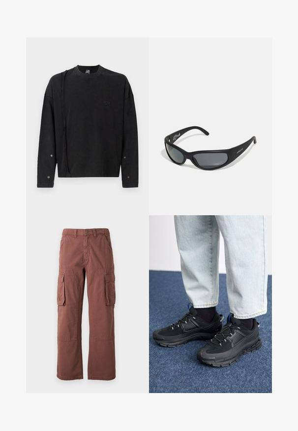 Sort langærmet sweatshirt med rund hals, der har et subtilt logo foran og trykknapdetaljer på ærmerne, lavet af blødt stof.; Cargo bukser i en rustfarve, lavet af slidstærkt stof. Har store sidelommer, lige ben og knaplukning i taljen.; Sorte træningssko med tekstureret stof og gummisåler, udstyret med elastiske snørebånd og en blå detalje på hælen. Bæres med lyse denimbukser.; Sorte solbriller med en buet ramme og mørke linser. Har en mat overflade og mærkenavnet "ARNETTE" på siden.