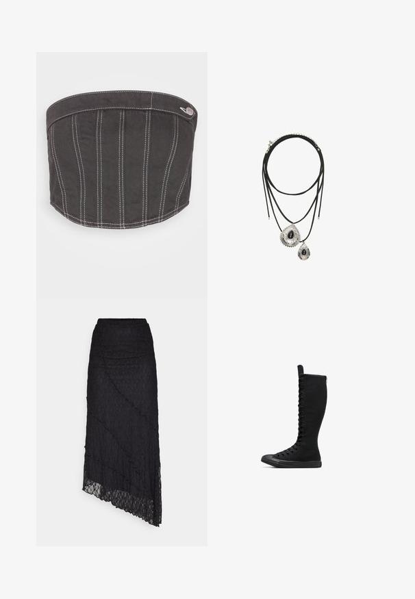 NA-KD CONTRAST STITCHING CORSET - Top - dark grey; ONLY ONLKIM SLIT - Maxisukňa - black; Čierne vysoké plátenné topánky so zaoblenou špičkou, zipsom a predným šnurovaním. Majú struktúrovaný povrch a gumovú podrážku.; Dvojvrstvový čierny šnúrkový náhrdelník s dvoma striebornými príveskami v tvare kvapky, každý s čiernym kameňom v strede a dekoratívnymi okrajmi.
