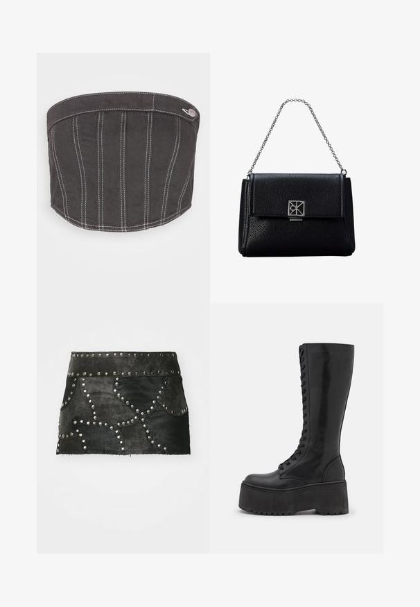 NA-KD CONTRAST STITCHING CORSET - Top - dark grey; Čierna kožená sukňa so dekoratívnymi striebornými cvočkami a zakriveným švom. Má priliehavý pás a lem, ktorý sa nachádza nad stredom stehna.; Zign LEATHER - Čižmy na šnurovanie - black; Čierna kožená kabelka s textúrou, so strieborným reťazovým ramienkom a geometrickou striebornou sponou na prednej klape.