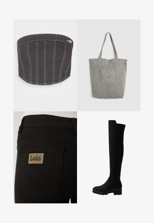 NA-KD CONTRAST STITCHING CORSET - Top - dark grey; Sorte denimjeans med en enkel lomme på bagsiden, dekoreret med en lys brun rektangulær etiket prydet med "Lois." Glat tekstur og klassisk design.; Sorte over-knæ støvler i blødt ruskind med flad sål, der har en rund tå og elastiske sidepaneler for nem påklædning.; Grå denim-tote taske med dobbelte håndtag og en syet firkantet lomme med en lille rød mærkat på en ensfarvet baggrund.