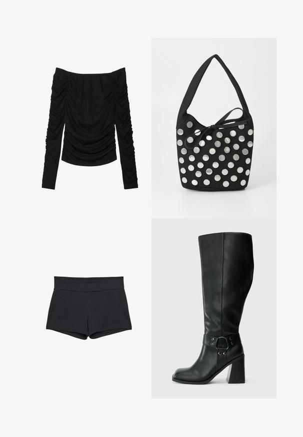 Haut noir tombant sur les épaules avec des manches longues. Présente un tissu froncé sur le devant et les manches, créant une silhouette texturée et cintrée.; Shorts noirs ajustés avec une large ceinture, fabriqués dans un tissu doux et extensible. Les ourlets sont lisses sans fermetures ni motifs visibles.; Bottes en cuir noires arrivant au genou, avec un bout carré, un large talon et une sangle décorative avec des accents métalliques autour de la cheville. Texture lisse.; Sac à main en tissu noir, de forme arrondie, orné de clous métalliques ronds en argent disposés en motif, et d'un accent en tissu noué.