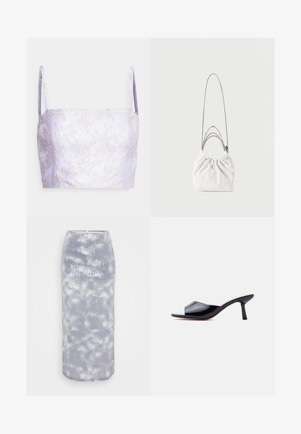 Monki Top - lilac; Grijze midi-rok van ribbelstof met een wolkpatroon en pailletten. Het heeft een strakke pasvorm en een soepele zoom.; Zwarte lakleren open-teen muildier met een lage, slanke hak en een instapmodel op een lichtgrijze achtergrond.; Witte gewatteerde handtas met een geplooide bovenkant, voorzien van gemengde kettingbanden in zilver en goud. Zachte textuur en compacte, afgeronde vorm.