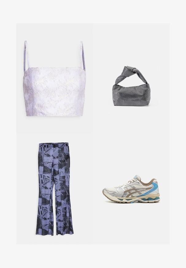 Monki Topp - lilac; Noisy May Petite NMCARRIE - Retuusid - püksid - jacaranda; Valge ja beež jooksujalanõu siniste aktsentidega, võrkkattega pealmise osaga, pehmendusega tallaga ja paeltega disainiga, nähtav välisküljelt.; Must musta ja hõbedane käekott, millel on tekstureeritud pind, millel on teemanti muster, sõlmega käepide ja struktureeritud kuju.
