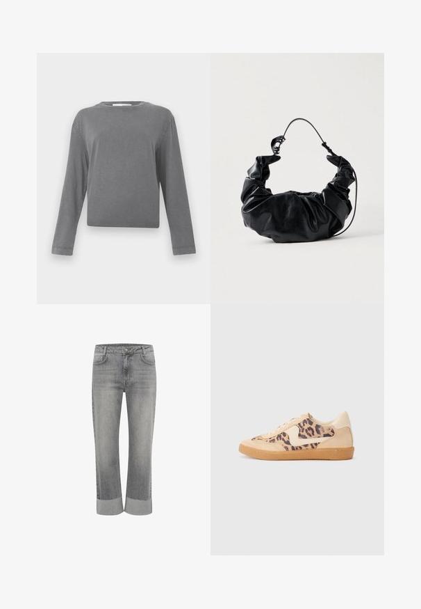 Langærmet, ensfarvet grå crewneck skjorte med en let vaskede stoftekstur, vist mod en hvid baggrund.; Grå denim jeans med lige ben, med foldet kant. Klassisk fem-lommestil og lukning med knap foran.; Leopardprint sneakers med beige ruskindsoverdel, tan gummisål og hvide detaljer. Rund pegefinger og snørebåndsdesign med en tekstureret finish.; Sort faux læder handbag med et blødt, samlet design og et fleksibelt håndtag, der fremviser en glat tekstur og en subtil glans.