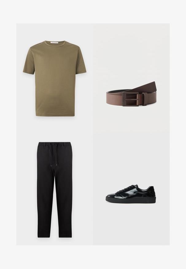 T-shirt vert olive à manches courtes et col rond, de design uni, présenté sur un fond blanc.; Pantalon noir droit avec taille élastique, cordon réglable et fermeture par bouton, présenté sur un fond uni.; Baskets en cuir verni noir avec un bout arrondi, un laçage, une semelle en caoutchouc texturé et une finition lisse.; Ceinture en cuir marron avec une boucle rectangulaire en métal foncé mat, partiellement enroulée sur un fond blanc uni.