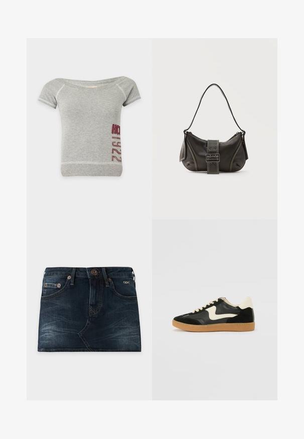 Light gray short-sleeve shirt with wide neckline and red "HCO 1922" text printed vertically on the lower right side.; Dark blue denim mini skirt with front button, zipper, belt loops, front and back pockets, and subtle faded details, lying flat on a white background.; Black suede and leather sneaker with a cream side swoosh and light cream heel. Features beige laces and a gum rubber outsole.; Black leather shoulder bag with a buckle strap detail, curved edges, and contrasting white stitching on a plain background.