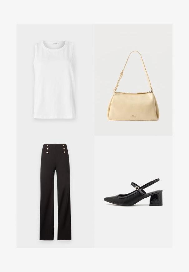 Top sin mangas blanco hecho de algodón suave. Presenta un escote redondo y un corte recto. Diseño liso sin patrones o acentos visibles.; Pantalones negros de pierna ancha y talle alto con seis botones decorativos dorados dispuestos en dos filas verticales cerca de la cintura.; Tacones slingback de charol negro con punta afilada, un diseño de corte redondeado y tacón bloque. Incluye un detalle de hebilla en tono dorado.; Bolso de hombro beige rectangular con correa ajustable y cierre de cremallera, con un pequeño logo "Anna Field" en el centro frontal.