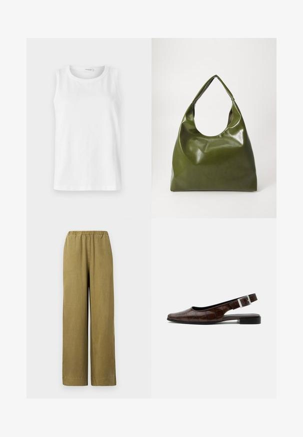 Top sin mangas blanco hecho de algodón suave. Presenta un escote redondo y un corte recto. Diseño liso sin patrones o acentos visibles.; Pantalones de pierna ancha en caqui con cintura elástica, hechos de material de algodón suave. Presentan aberturas laterales y un corte recto, ofreciendo un ajuste relajado.; Zapato plano de piel marrón oscuro con tira trasera, punta cuadrada, textura de cocodrilo y hebilla plateada en la correa.; Bolsa hobo verde de cuero con un diseño suave, asa curvada y textura lisa. No contiene hardware visible ni acentos.