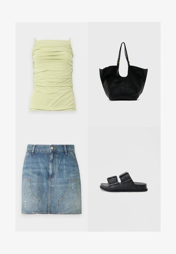 Rynket, lys grøn tanktop med tynde stropper. Lavet af blødt, strækbart stof. Har en tætsiddende silhuet og tekstureret design over det hele.; Denim mini nederdel med knapper foran, bæltestropper, buede forlommer og let slidte detaljer på lommer og kant.; Sorte klipklappere lavet af tekstureret materiale med to justerbare remme med spænder. Flad sål med et mønstrede dæk for godt greb.; Sort lædertaske med bred, åben top og justerbare skulderremme med gyldne spænder, vist mod en ensfarvet lys baggrund.