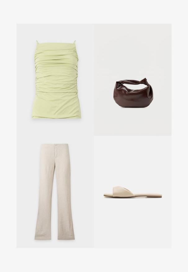 Débardeur froncé vert clair avec des bretelles fines. Fait en tissu doux et extensible. Présente une silhouette ajustée et un design texturé sur l'ensemble.; Pantalon en lin beige à jambe droite et fermeture avant dissimulée, présenté à plat sur un fond clair uni. Pas de poches ni de détails visibles.; Des sandales plates en matériau beige doux, avec un design ouvert à l'avant, une texture lisse et une forme minimaliste, accompagnées d'une semelle marron clair.; Sac bandoulière en cuir marron foncé avec une forme souple et décontractée et une anse nouée torsadée sur un fond blanc uni.
