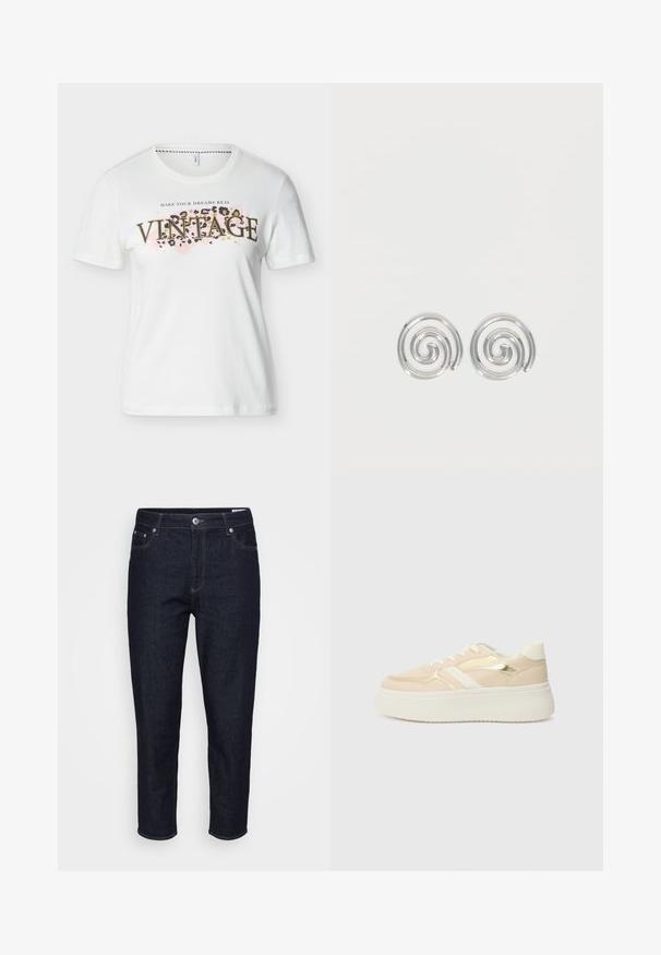 Hvid t-shirt med korte ærmer og rund hals, tekst "MAKE YOUR DREAMS REAL" over stort "VINTAGE" med pink og leopardprint baggrund.; Mørkeblå denim jeans med lige ben, frontlommer, bæltesløjfer og knaplukning foran, præsenteret mod en neutral baggrund.; Beige platform sneakers med en hvid sål. Udstyret med metalisk guld accents og en glat tekstur. Snørebåndsdesign med en rund tå.; Par sølvspiral øreringe med glat, afrundet design på en ensartet hvid baggrund.