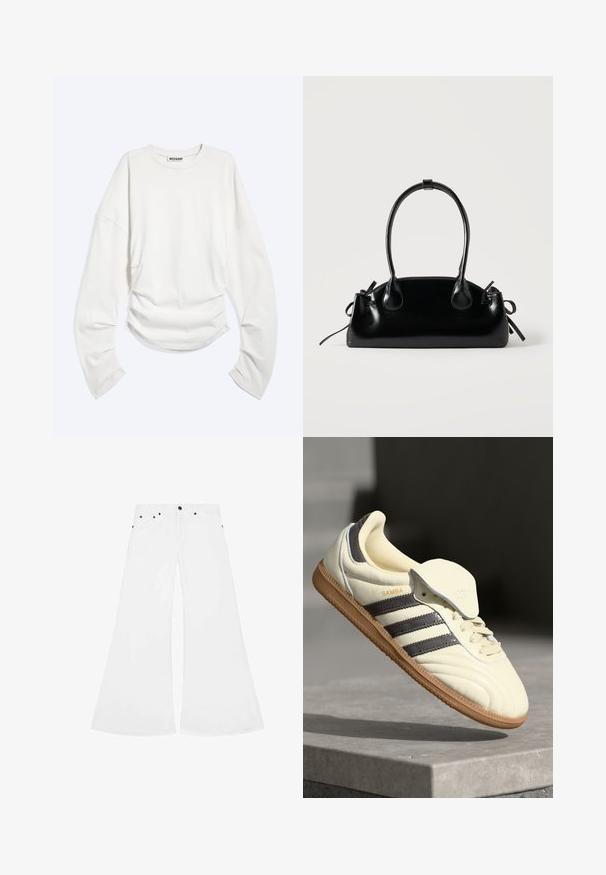 T-shirt blanc à manches longues avec col rond, détails froncés à la taille et coupe décontractée, étiquette « WEEKDAY » à l'intérieur du col.; Jean évasé blanc en denim, avec une fermeture à bouton, cinq poches et des accents en métal noir.; Baskets en cuir crème avec trois bandes sombres, une semelle extérieure en gomme marron et un bout arrondi. Présentent une languette pliable étiquetée "SAMBA."; Petit sac à main noir brillant avec deux longues anses et des détails à cordon sur les côtés sur un fond clair uni.