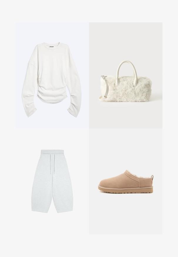 Witte longsleeve met ronde hals met geplooide details bij de taille en een losse pasvorm, met "WEEKDAY" label binnen in de kraag.; Lichtgrijze wijde cropped broek met elastische tailleband en koord aan de voorkant, gemaakt van zachte gebreide stof.; Beige instap pantoffel met zachte suède buitenzijde, pluche witte bontvoering en rubberen zool met profiel, getoond in zijaanzicht.; Kleine witte handtas met een gekrulde bonttextuur, dubbele handvatten en een afneembare schouderriem tegen een effen lichte achtergrond.