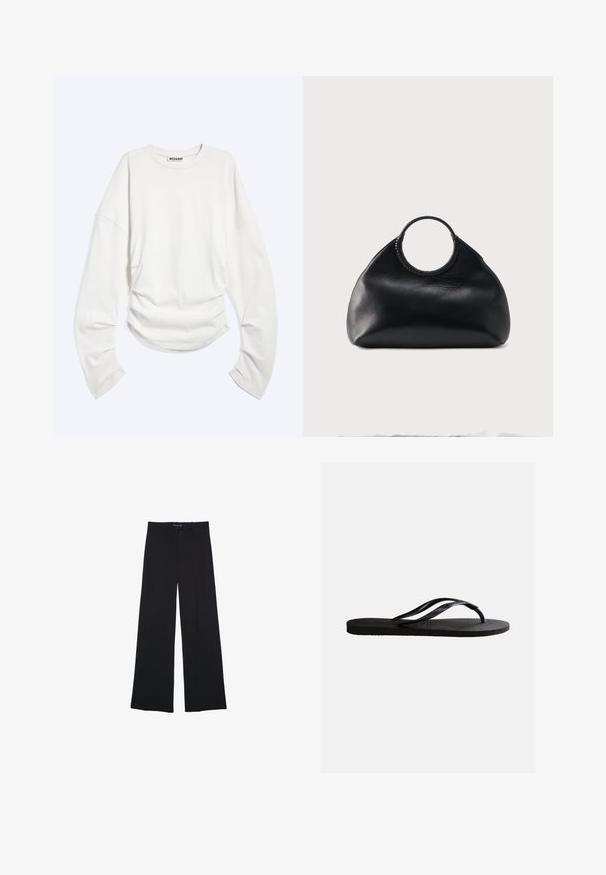 Hvid langærmet crewneck-shirt med rynkedetaljer i taljen og en afslappet pasform, mærket "WEEKDAY" inde i kraven.; Sorte bredbenede bukser lavet af et glat stof. Har en klassisk pasform, forlommer og en talje med knaplukning.; Sort gummiflip-flop sandal med tekstureret fodseng og tynde Y-formede remme på en ensartet hvid baggrund.; Sort læderhåndtaske med rundet form og cirkulært top-håndtag indpakket i matchende lædersyning.