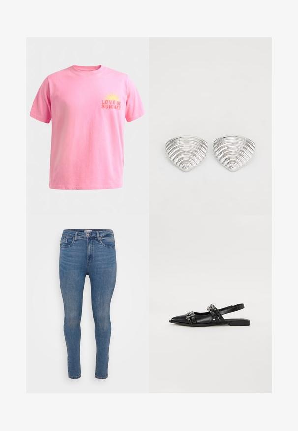 Lyserød T-shirt med korte ærmer og rund hals, med et gult solmotiv og teksten "LOVE OF SUMMER" på venstre bryst.; Slanke jeans i mellemblå denim med en glat tekstur, fem-lomme design og lynlås lukning. Har subtile falmede områder og tonale syninger.; Even&Odd by Zalando Slingback-ballerinasko - black; Sølvfarvede øreringe med et bølget, tekstureret design, formet som overlappende halvmåner; den polerede overflade fremhæver de reflekterende egenskaber.