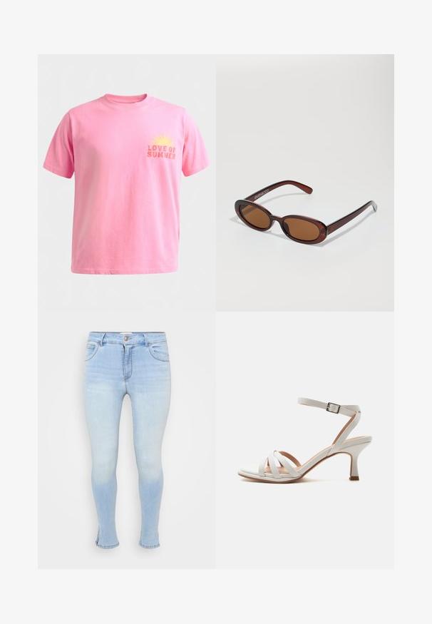 Camiseta de manga corta color rosa claro con cuello redondo, con un gráfico de sol amarillo y el texto "LOVE OF SUMMER" en el pecho izquierdo.; Jeans skinny azul claros de denim, con cinco bolsillos, cierre de botón y cremallera, y ligeramente deslavados para un aspecto usado.; Sandalia blanca de tacón medio con tres tiras delanteras, una correa en el tobillo con hebilla plateada y un tacón ligeramente curvado sobre un fondo liso.; Gafas de sol redondas con tinte marrón y un marco burdeos brillante. Patillas delgadas con un sutil detalle de marca. Diseño de lentes planos.