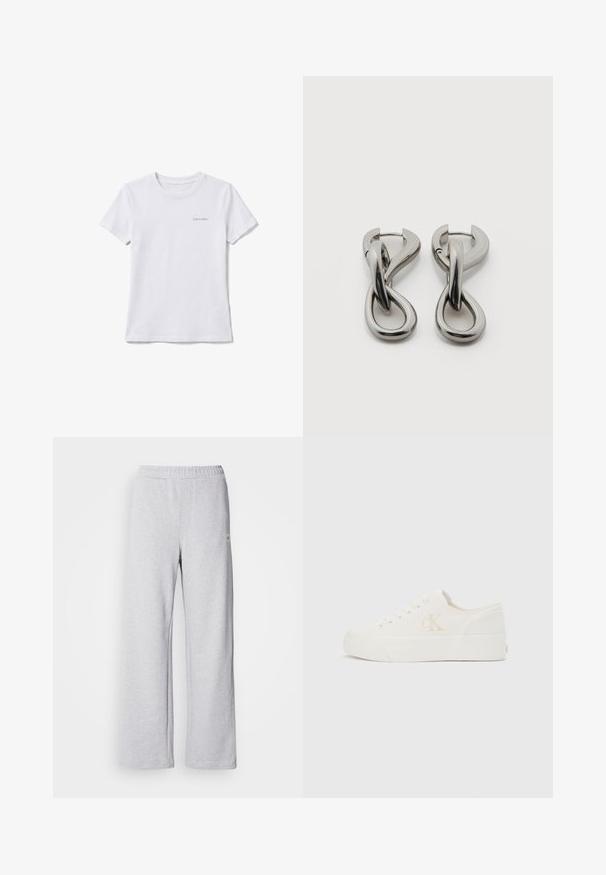 Hvid T-shirt med korte ærmer og rund hals med lille "Calvin Klein" logo på øverste venstre bryst.; Lys grå joggebukser med bred bendesign, elastisk talje og subtile syninger. Lavet af blødt, åndbart stof.; Hvid lavt snøresko med tyk sål og "cK"-logo på siden, snørebånd foran og minimalistisk design på neutral baggrund.; Par af sølvtonede metale øreringe med abstrakt sammenflettet løbedesign på hvid baggrund.