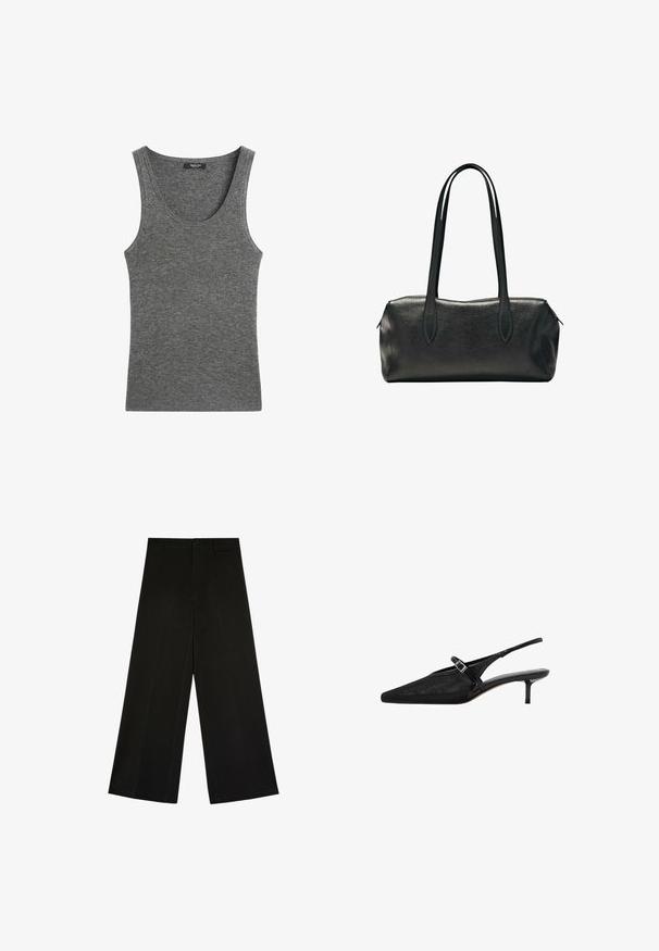 Graues geripptes ärmelloses Stricktop mit Rundhalsausschnitt und einem kleinen schwarzen Markenlabel innen am Kragen.; Schwarze weit geschnittene Hose mit Knopf- und Reißverschluss, Gürtelschlaufen und vorderen Bügelfalten, flach auf weißem Hintergrund liegend.; Schwarze Slingback-Absätze mit spitzen Zehen, strukturiertem Mesh-Obermaterial, schmalem verstellbarem Riemen mit silberner Schnalle und 5 cm Stiletto-Absätzen.; Schwarze rechteckige Lederhandtasche mit zwei langen Schulterriemen und einem Reißverschluss an der Oberseite.