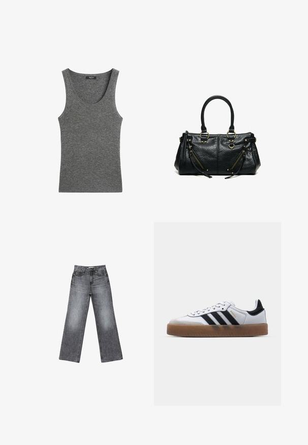 Grijs geribd mouwloos gebreid tanktopje met een ronde hals en een klein zwart merklabeletje aan de binnenkant van de kraag.; Wijdvallende donkergrijze denim jeans met een vervaagde afwerking, vijf zakken, een knoopsluiting en subtiele stikseldetails langs de naden.; Witte leren sneakers met zwarte strepen, gumrubberen buitenzool, ronde neus, vetersluiting en een zachte grijze suède neuskap.; Zwarte leren handtas met twee hengsels, twee schuine ritssluitingzakken met kwastjes en goudkleurige metalen ringen en studs.