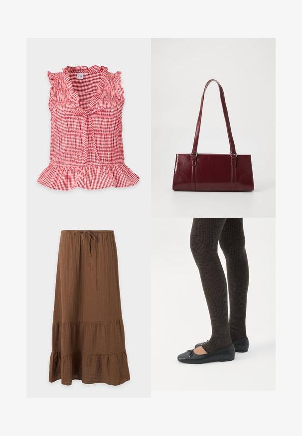 Blouse sans manches à carreaux rouges et blancs avec col à volants, lien à l’encolure, détails froncés et ourlet évasé, présentée à plat.; Jupe midi marron en tissu texturé, taille élastique, lien ajustable et ourlet à volants à étages, suspendue devant un fond blanc.; Jambes portant des leggings côtelés foncés associés à des ballerines noires avec de petits détails en nœud sur fond blanc.; Sac à main bordeaux en matériau brillant, de forme rectangulaire, avec deux anses et des accents légèrement courbés à l'avant.