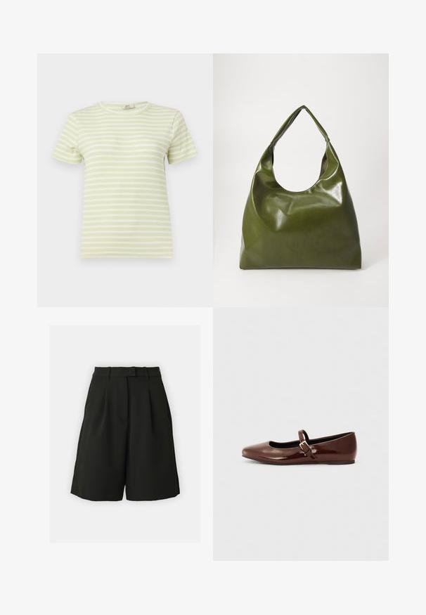 Lichtgroen en wit horizontaal gestreept, geribd T-shirt met korte mouwen en een ronde halslijn, afgebeeld tegen een effen achtergrond.; Vero Moda Tall VMBECCA BERMUDA - Shorts - black; Bruine gepatineerde leren balletschoen met een vierkante neus en een bandje met een kleine gouden gesp. Gladde textuur, lage hak en minimalistisch ontwerp.; Groene leren hobotas met een slordig ontwerp, gebogen handvat en een gladde textuur. Bevat geen zichtbare hardware of accenten.