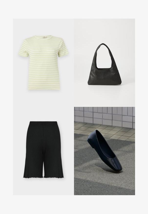 T-shirt côtelé à manches courtes à rayures horizontales vert clair et blanc avec un col rond sur un fond uni.; Shorts en tricot côtelé noir avec une ceinture élastique et un ourlet légèrement froncé, vus de face sur un fond uni.; Chaussure plate en cuir noir debout sur une surface asphaltée près du bord d'un trottoir carrelé.; Sac à main en cuir noir de forme triangulaire, avec une grande poignée découpée et des coutures détaillées le long des bords. Texture lisse.