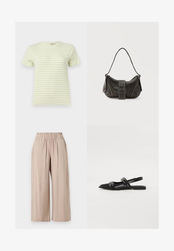 T-shirt côtelé à manches courtes à rayures horizontales vert clair et blanc avec un col rond sur un fond uni.; Pantalon beige à coupe ample avec une taille élastique, fabriqué en tissu léger, présenté sur un fond blanc.; Even&Odd by Zalando Ballerines à brides arrière - black; Sac à épaule en cuir noir avec une sangle à boucle, des bords arrondis et des coutures blanches contrastées sur un fond uni.
