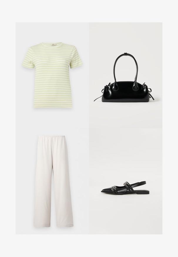 T-shirt côtelé à manches courtes à rayures horizontales vert clair et blanc avec un col rond sur un fond uni.; Pantalon beige crème coupe ample avec taille élastique et jambes larges droites, présenté sur fond blanc uni.; Even&Odd Ballerines à brides arrière - black; Petit sac à main noir brillant avec deux longues anses et des détails à cordon sur les côtés sur un fond clair uni.