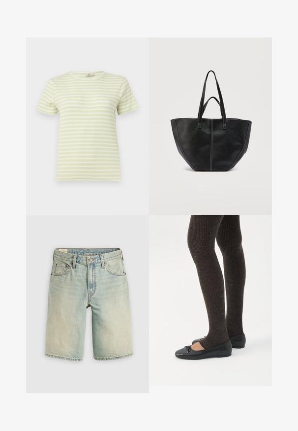 Lichtgroen en wit horizontaal gestreept, geribd T-shirt met korte mouwen en een ronde halslijn, afgebeeld tegen een effen achtergrond.; Lichtblauwe denimshorts met een losse pasvorm, vijf zakken, knoopsluiting aan de voorkant en een nette zoom. Versleten textuur met subtiele vervaging.; Benen met donkere geribbelde leggings gecombineerd met zwarte ballerina's met kleine strikdetails op een witte achtergrond.; Zwarte leren totebag met dubbele handvatten en contrasterende witte stiksels, met een brede, gestructureerde vorm en centrale naaddetails.