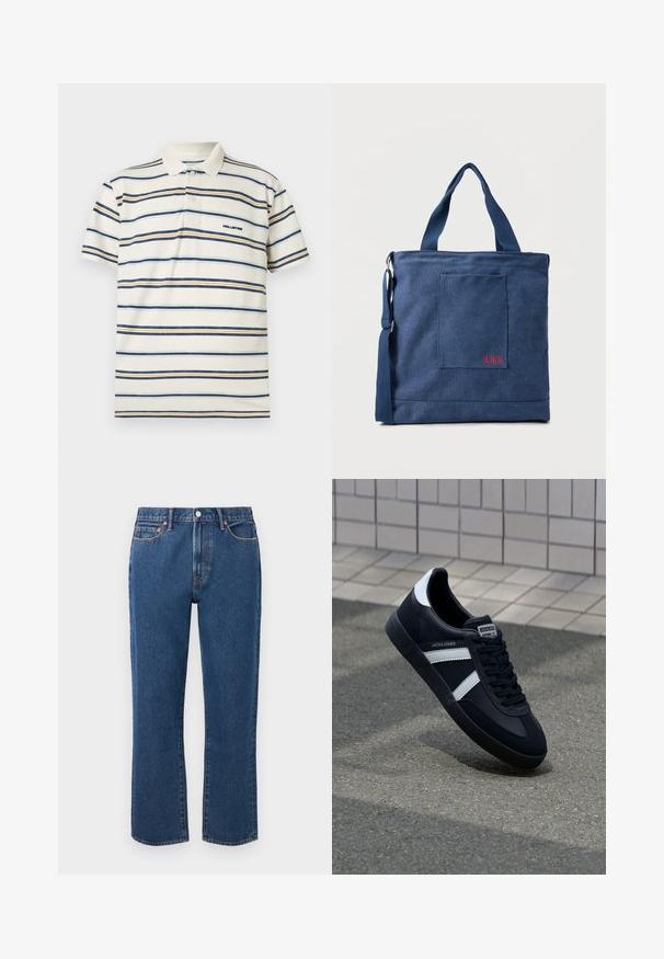 Pique polo i cremefarve med horisontale blå og orange striber. Har krave, tre-knaps lukning og broderet logo.; Blå straight-leg jeans lavet af denim, med knaplukning, fem lommer og kontrasterende orange stikninger.; Sort lædersneaker med hvide striber, tekstureret gummisål og snørrebånd foran. Har et brandet mærke på tungen.; Blå lærredstote taske med frontlomme og rød "O.N.S" broderi, med to håndtag og en justerbar skulderrem.