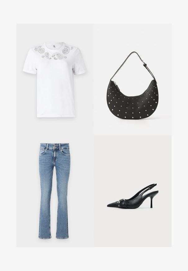 Camiseta de algodón blanca con un diseño decorativo de paisley realizado en pedrería plateada en la zona del pecho. Manga corta y cuello redondo.; Pantalones vaqueros de mezclilla azul de pierna acampanada con un lavado medio, cierre de botones, diseño de cinco bolsillos y detalles cosidos en los bolsillos y el dobladillo.; Zapato de tacón alto tipo slingback de piel negra con puntera puntiaguda, con hebilla y detalle de tira con ojetes en la parte delantera.; Bolso de mano de cuero negro con forma curva, adornado con tachuelas plateadas, cuenta con cierre de cremallera y una sola correa ajustable.