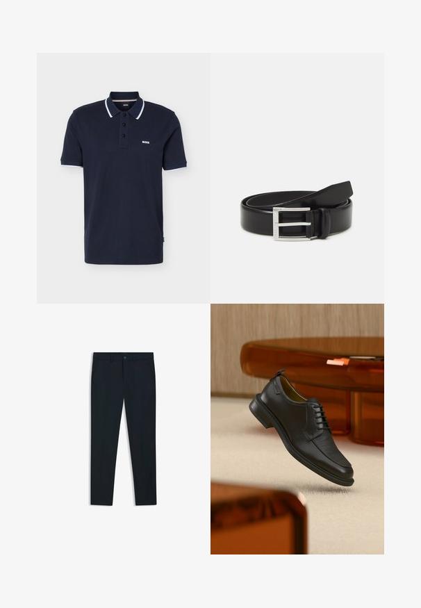 Marineblauw poloshirt met korte mouwen, wit biesje aan kraag en mouwen, drie zwarte knopen en het "BOSS"-logo op de linkerborst.; Marineblauwe, op maat gemaakte broeken van een gladde stof; voorzien van steekzakken, riemlussen en een knoopsluiting. Rechtaf lopend ontwerp.; Zwarte leren veterschoen in de stijl van een nette schoen met een gestructureerd vooraanzicht, zwevend boven een beige tapijt in een moderne kamer met amberkleurige meubelen.; Zwarte leren riem met een glanzende afwerking; voorzien van een zilveren metalen gesp met een rechthoekig frameontwerp en gladde randen.