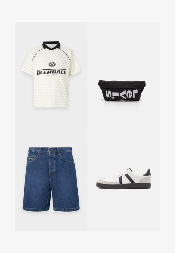 Kurzarm-Poloshirt in Weiß mit karierte Muster. Schwarzer Kragen, akzentuiert mit einem Logo und dem Text "GLENDALE 91224 LA COUNTY".; Dunkelblaue Jeansshorts im klassischen Schnitt, mit Fronttaschen, Gürtelschlaufen und einem sichtbaren Markenschild an der linken Tasche.; Weiße Sneaker mit schwarz- und grau-aczenten, ausgestattet mit einer strukturierten grauen Zehenkappe, schwarzer Gummi-Sohle und flachen weißen Schnürsenkeln. Sauberes Design, minimalistische Stil.; Schwarze Stofftasche mit flacher Form, mit fettgedrucktem weißen Text. Der Reißverschluss befindet sich oben, mit einer Schlaufe an einer Seite.