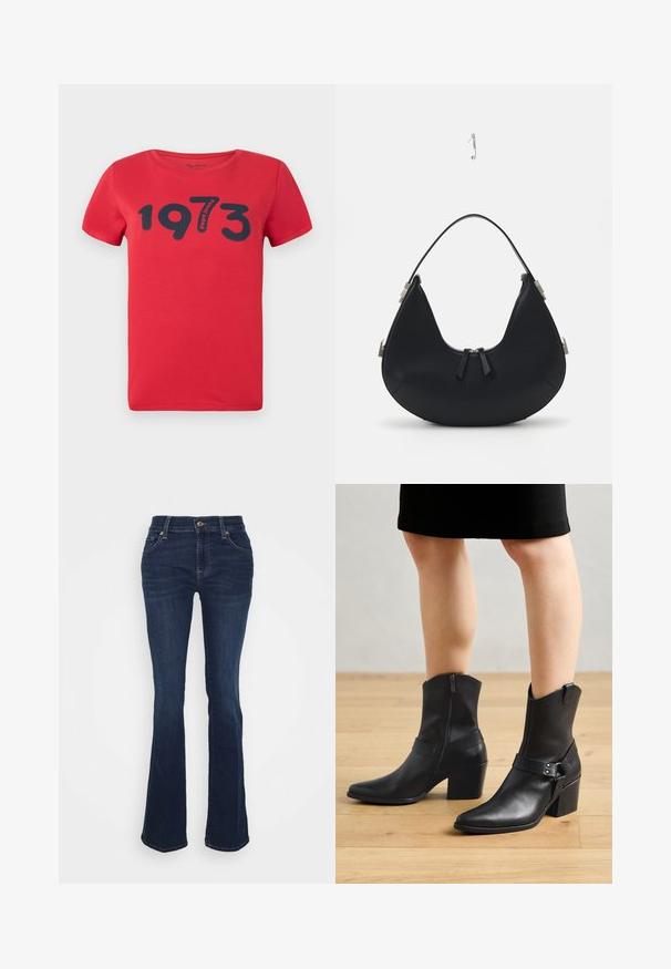 Pepe Jeans BATY - T-shirts print - royal red; Mørkeblå udvidede jeans lavet af denim; høj talje, fem lommer, guld hardware accenter og glat tekstur med subtil fading ved lårene.; Sorte læder ankelstøvler med spids tå, lynlås lukning, buet hæl og en dekorativ rem med metal detaljer.; Sort læderhandtaske med en buet form, lynlåslukning, to sorte frynser og sølvhardware-detaljer, herunder en unik fastgørelsesdetalje.