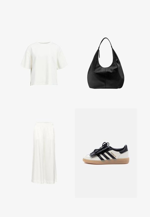 T-shirt blanc court en tissu doux, avec un col rond, de courtes manches larges et des fentes sur les côtés pour plus de liberté de mouvement.; Un pantalon blanc à jambes larges avec des plis, fabriqué dans un tissu léger. Il présente une taille plate et des ourlets retournés. Texture lisse, sans motifs.; Baskets Adidas Spezial blanches et noires avec semelle en gomme, bandes noires et cache-lacets noir sur un fond clair uni.; Sac à main hobo décontracté en cuir noir avec une seule bandoulière large et un détail de tirette de fermeture éclair sur fond blanc uni.