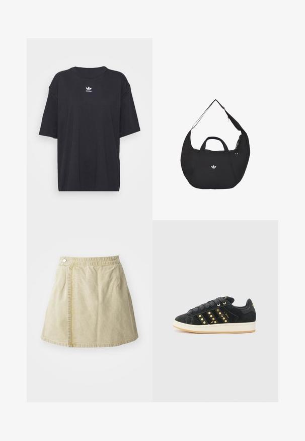 Camiseta de algodón negra con mangas cortas, cuello redondo, presenta un logo blanco de Adidas en el pecho. Diseño simple, ajuste relajado.; Minifalda caqui hecha de tela suave, con un cierre de botón lateral, textura lisa y una silueta ligeramente acampanada con un dobladillo por encima de la rodilla.; adidas Originals CAMPUS 00S W - Zapatillas - core black/carbon/gold-coloured; Bolso negro en forma de media luna de Adidas con asas dobles y correa de hombro ajustable, mostrando el logo blanco de Adidas trefoil en el centro frontal.