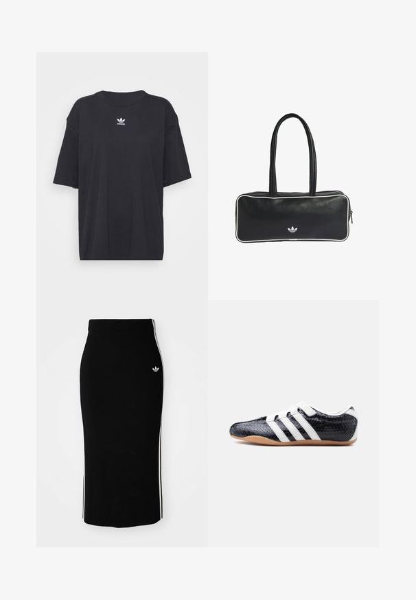 Čierne bavlnené tričko s krátkymi rukávmi, okrúhlym výstrihom, na hrudi s bielym logom Adidas. Jednoduchý dizajn, voľný strih.; Čierna rebrovaná midi sukňa s priliehajúcim strihom, s bielymi bočnými pruhmi a malým bielym emblémom na ľavej strane.; Čierna teniska s bielymi pruhmi a suchými zipsami, textúrovaným povrchom a podrážkou z farebnej gumy, zobrazená z boku na bielom pozadí.; Čierna kožená taška obdĺžnikového tvaru s dvoma rukoväťami, bielym lemovaním a malým bielym logom na prednej strane.