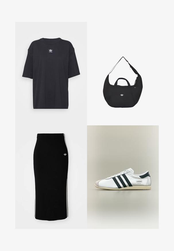 Sort bomulds t-shirt med korte ærmer, rund halsudskæring, med et hvidt Adidas-logo på brystet. Enkel design, afslappet pasform.; Sort ribbet midi-nederdel med en tætsiddende design, der har hvide sidelister og et lille hvidt emblem på venstre side.; Hvid Adidas Paris sneaker med sorte striber, beige sål og ruskindstipp, vist fra siden på en neutral baggrund.; Sort halvmåneformet Adidas taske med dobbelte håndtag og en justerbar skulderrem, der viser det hvide Adidas trefoil-logo midt for.