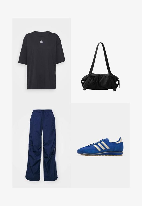 Schwarzes Baumwoll-T-Shirt mit kurzen Ärmeln, rundem Halsausschnitt, mit einem weißen Adidas-Logo auf der Brust. Einfaches Design, lockere Passform.; Navyblaue, leichte Hosen mit elastischem Bund und Kordelzug, versehen mit weißen Seitenstreifen und einem kleinen Logo vorne. Locker geschnittenes Design.; Blaue Wildledersneaker mit niedrigem Profil, ausgestattet mit drei weißen Streifen, einer strukturierten Zehenkappe und einer Sohle aus Naturgummi.; Schwarze, gepolsterte Umhängetasche mit verstellbaren Trägern und Reißverschluss, vor weißem Hintergrund gezeigt.