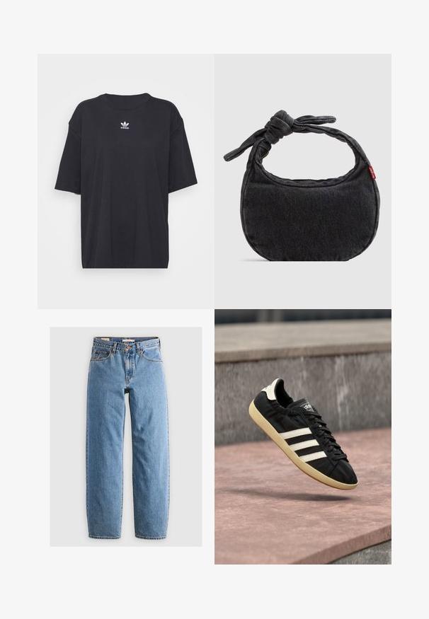 Must must t-särk lühikeste varrukatega, ümmargune kaelus, rinnal valge Adidas logo. Lihtne disain, mugav lõige.; Heledad sinise denimi teksased, sirge lõikega, viie taskuga, lukuga ja õrnalt pleekinud tekstuuriga. Klassikaline stiil, minimaalsete detailidega.; Must Adidas tennisejalats valgete triipude ja beežika tallaga, õhus kivipinnast ja kivimüürist taustal pildistatud.; Väike must teksariidest õlakott sõlmitud rihma ja tõmblukuga sulgemisega, mille küljes on punane Levi's kangast silt.