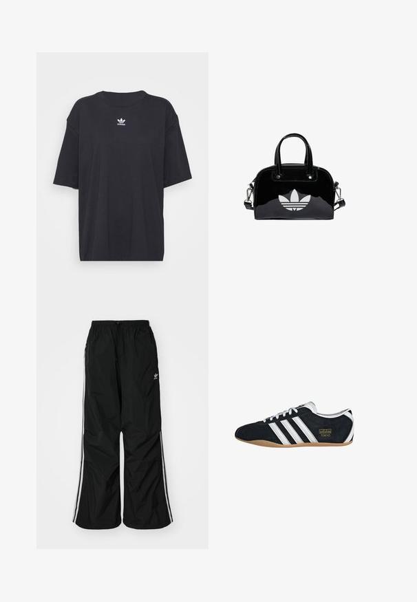 Čierne bavlnené tričko s krátkymi rukávmi, okrúhlym výstrihom, na hrudi s bielym logom Adidas. Jednoduchý dizajn, voľný strih.; Čierne vetrovky nohavice s elastickým pásom, šnúrkou na stiahnutie, bielymi bočnými pruhmi, voľným strihom, s malým logom na ľavej strane.; Čierne semišové tenisky s bielymi tromi pruhmi, zlatým logom a hnedou gumovou podrážkou. Disponujú nízkym šnurovacím dizajnom.; Čierna lakovaná kožená kabelka s okrúhlym tvarom, dvojitými hornými rúčkami, striebornými akcentmi a výrazným bielym logom na prednej strane.