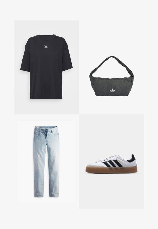 Sort bomulds t-shirt med korte ærmer, rund halsudskæring, med et hvidt Adidas-logo på brystet. Enkel design, afslappet pasform.; Lyseblå denimjeans med lige ben, fem lommer og metal-knapper i en standard livvidde.; Hvide lædersneakers med sorte striber, gummirubber sål, rund tå, snørelukning og blød grå ruskinds tåhætte.; Mørkegrå skuldertaske lavet af tekstureret stof med lynlåslukning og broderet logo foran. Lang, buet strop.