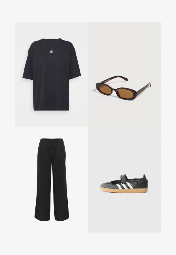 Zwarte katoenen T-shirt met korte mouwen, ronde halslijn, voorzien van een wit Adidas-logo op de borst. Eenvoudig ontwerp, comfortabele pasvorm.; Culture CUNAVI CLARINA - Broek - black; Zwarte leren en suède sneaker met een klittenbandsluiting, voorzien van drie witte strepen en een gumzool, met de naam "SAMBA" aan de zijkant.; Ovale zonnebril met schildpadmotief, bruine getinte glazen en dunne pootjes, liggend op een wit oppervlak.
